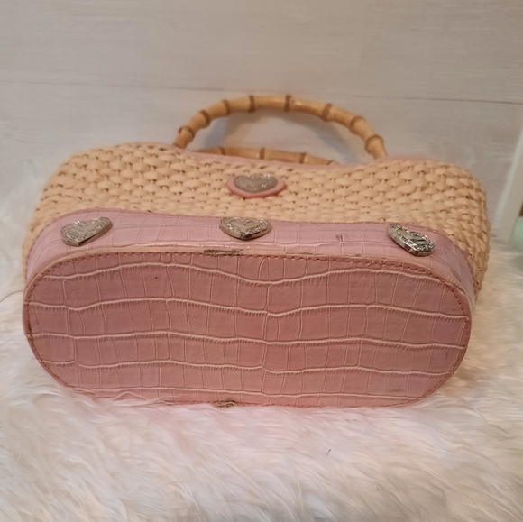 Large straw bamboo heart bucket purse bag - Picture 3 of 4